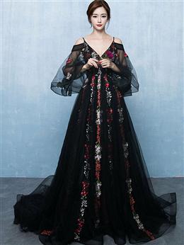 Picture of Black Color Lace Floral Tulle Unique Long Formal Dresses, Black Color Evening Dresses Party Dresses